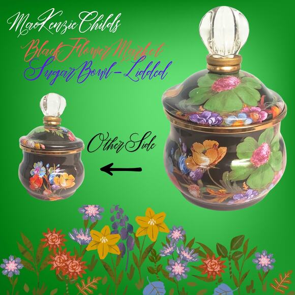 Mackenzie Childs Black Flower Market Lidded Sugar Bowl Retired - Picture 1 of 5